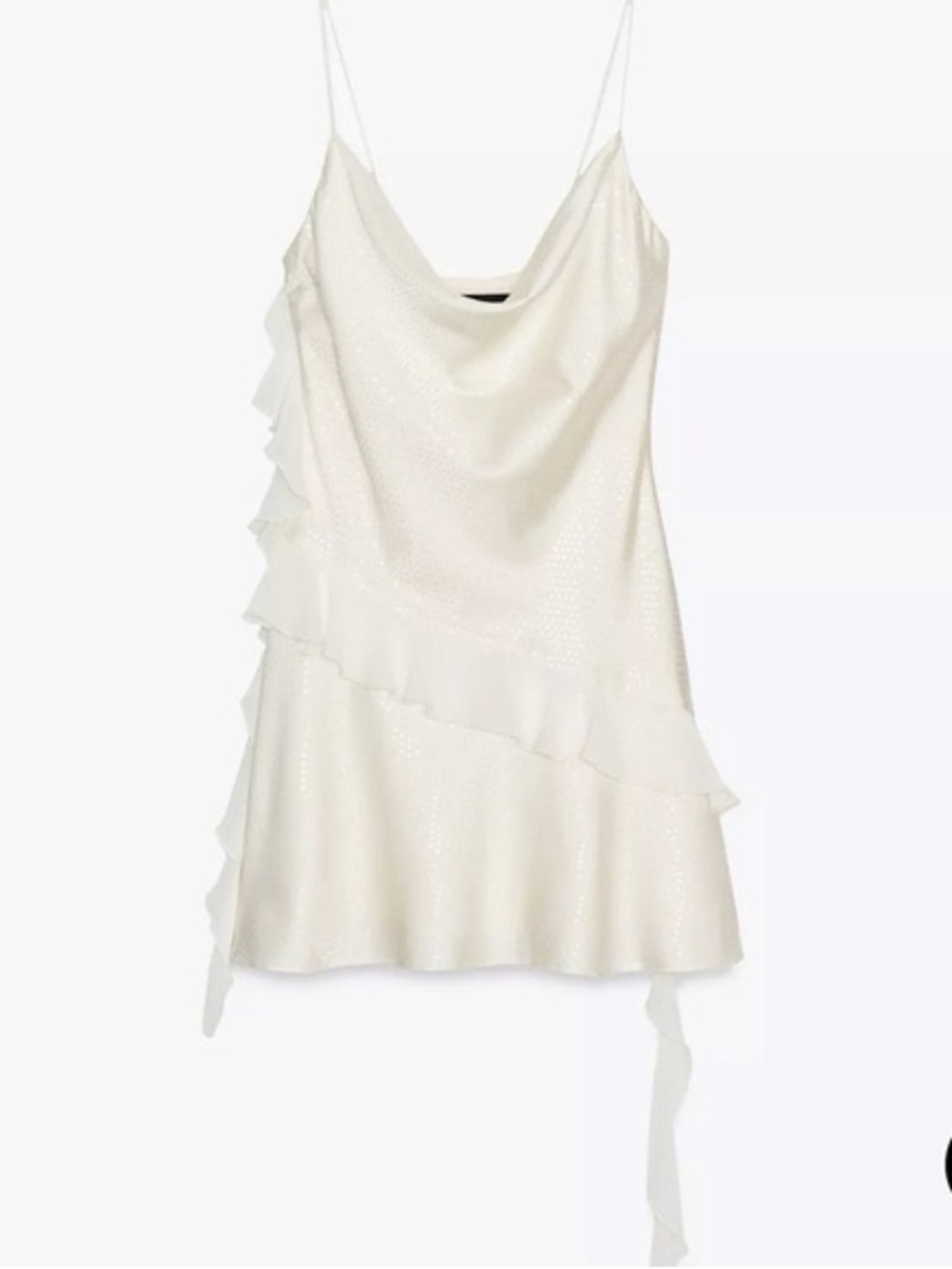 Zara Cream Satin Cowl Slip Dress with Ruffle Hem